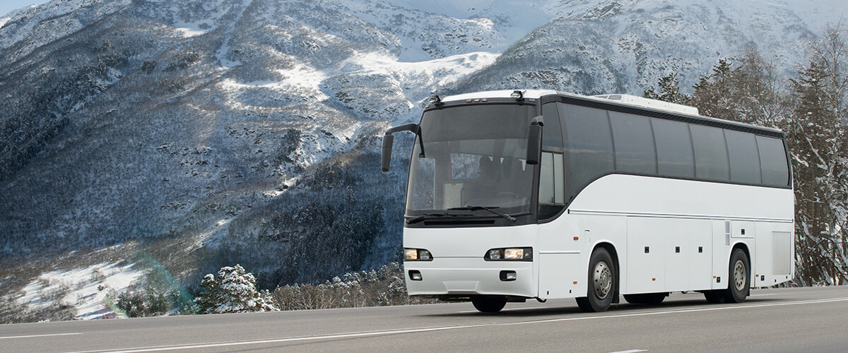 commercial bus transporting ski resort passengers