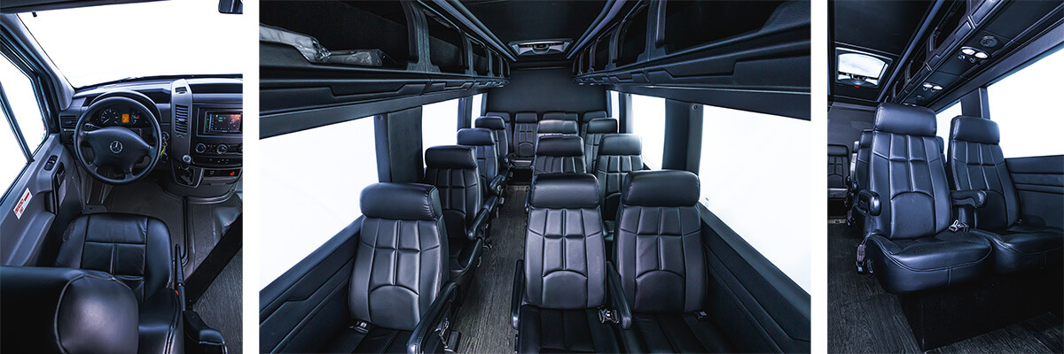 leather seats and overhead storage inside passenger van rental
