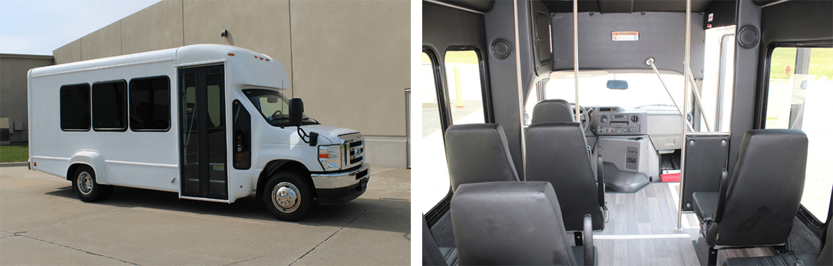 Interior and exterior view of a 14 passenger shuttle bus for sale at Master's Transportation