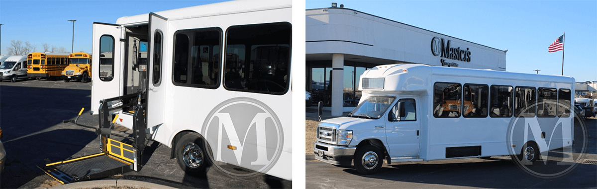 Interior and exterior view of a 20 passenger Glaval Universal shuttle bus for sale at Master's Transportation