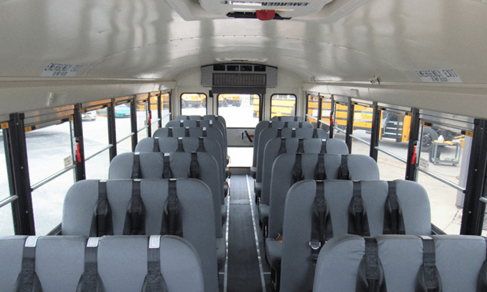 interior large blue brid school bus